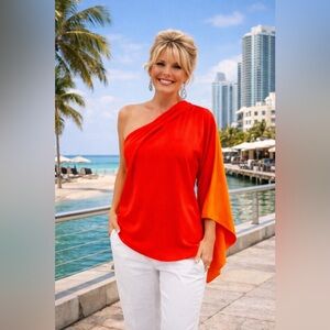 Tahari Asymmetrical Red and Orange Blouse